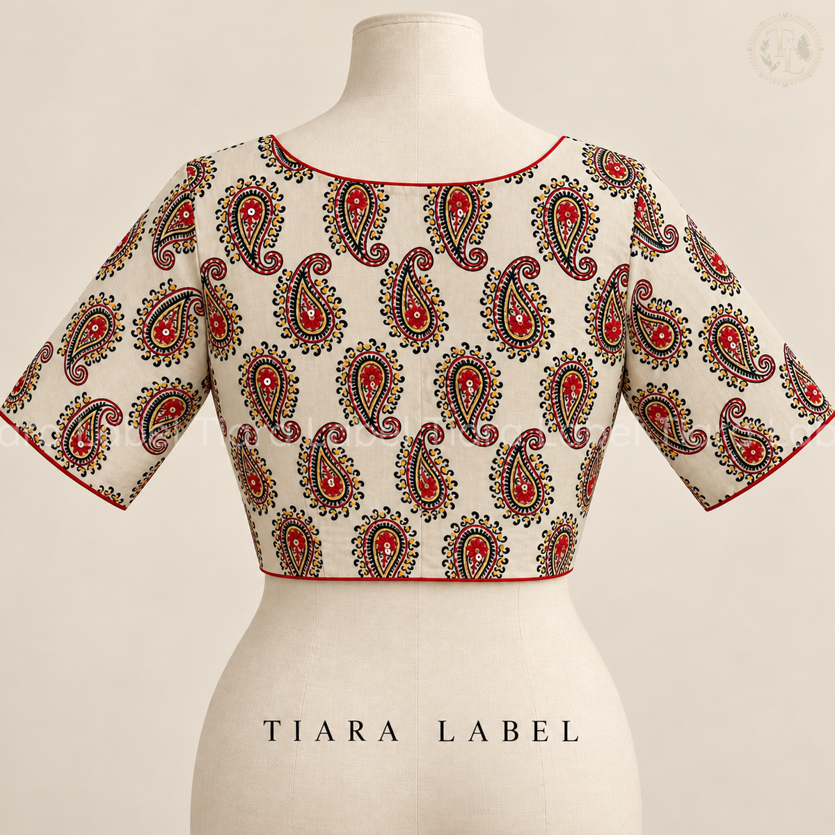 Off-White Paisley Print Blouse with Thread Embroidery