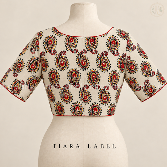 Off-White Paisley Print Blouse with Thread Embroidery