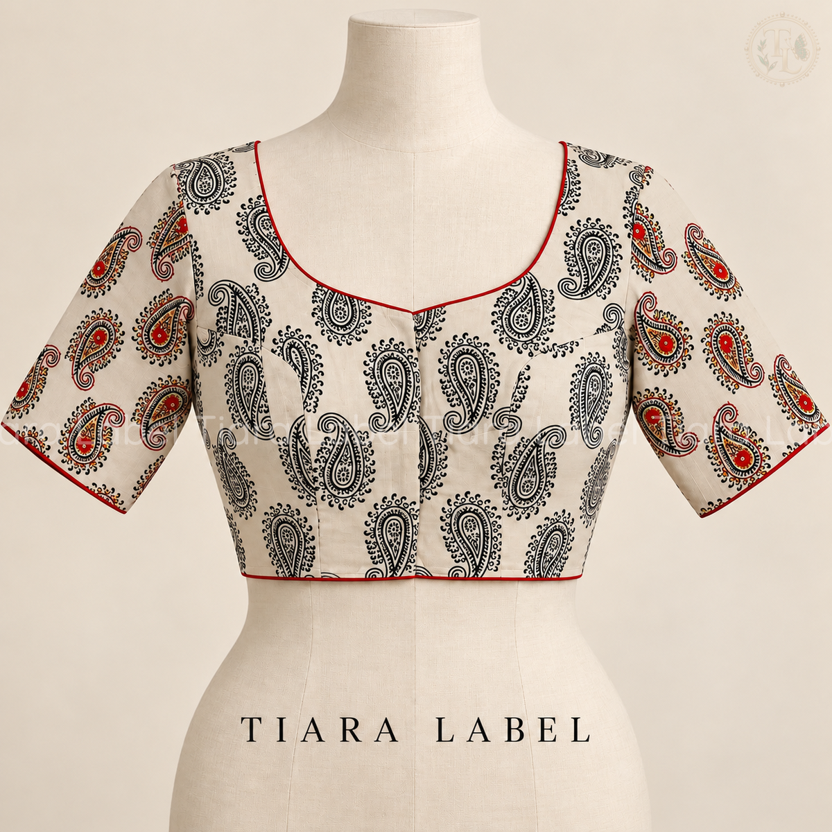 Off-White Paisley Print Blouse with Thread Embroidery