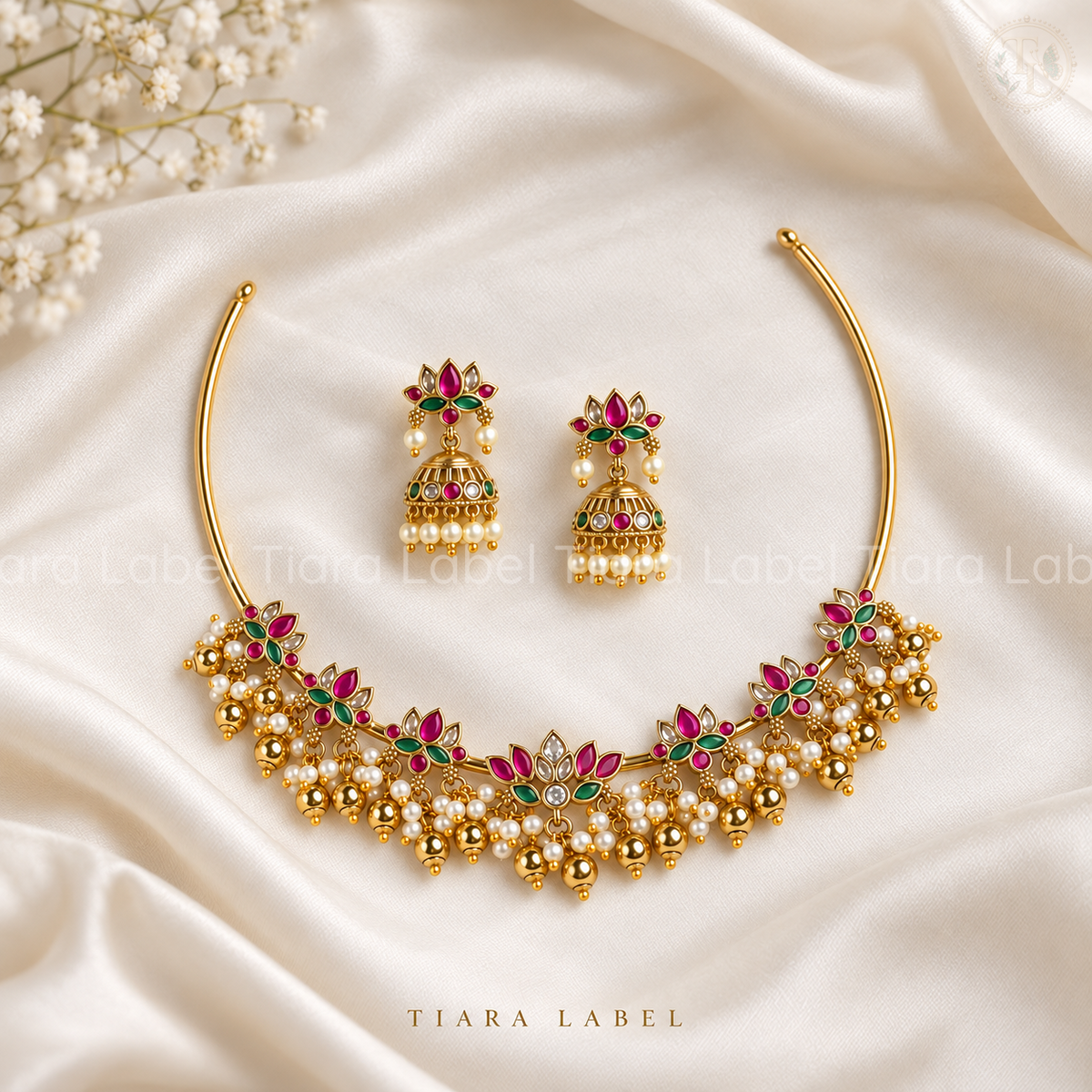 Temple Lotus Hasli Necklace & Jhumka Set