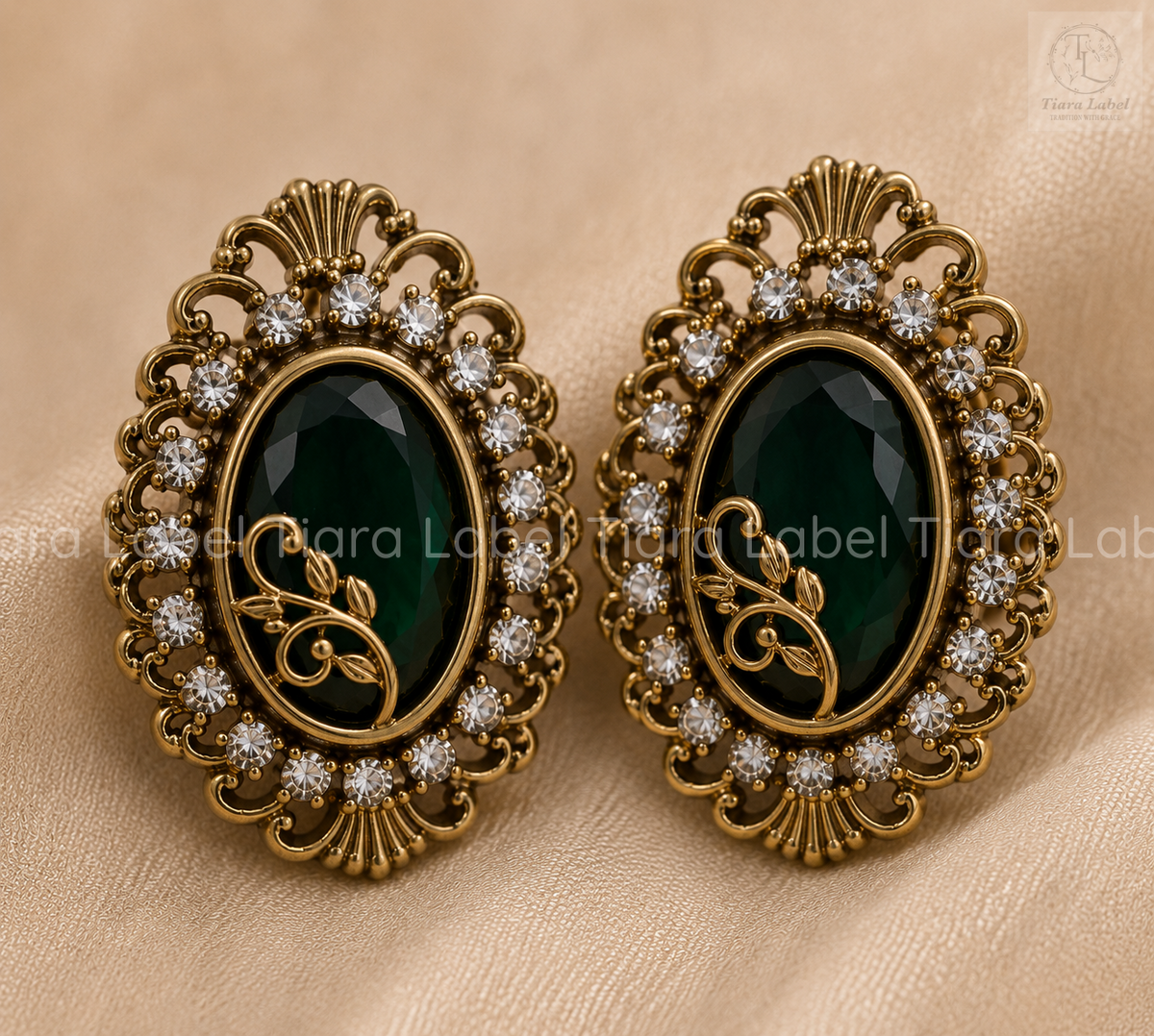 Antique Gold Leaf Pendant Necklace & Earrings Set – Ruby Red / Emerald Green