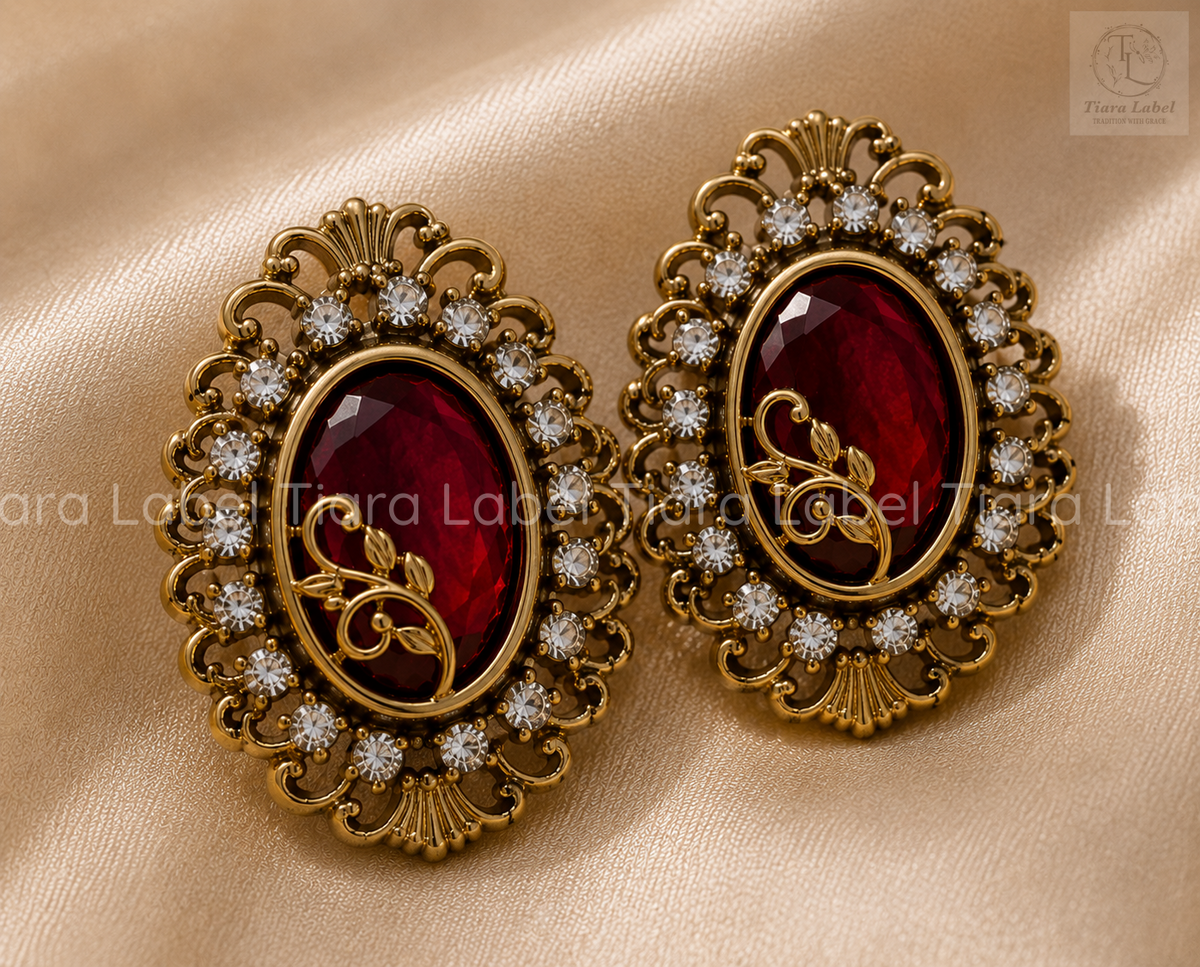 Antique Gold Leaf Pendant Necklace & Earrings Set – Ruby Red / Emerald Green