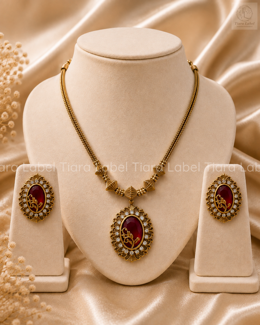 Antique Gold Leaf Pendant Necklace & Earrings Set – Ruby Red / Emerald Green