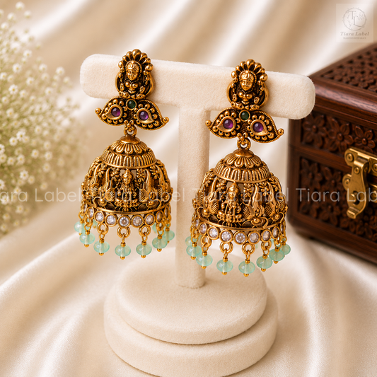 Antique Gold Lakshmi Temple Jhumka Earrings