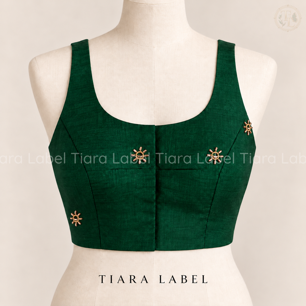 Emerald Green Zardozi Work Sleeveless Raw Cotton Silk Blouse